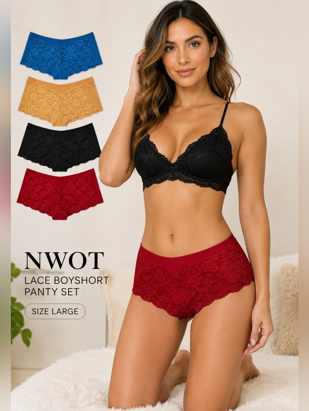 NWOT Vision Intimates Lace Boyshort Panties 4 Pack Large Multicolor Lace
